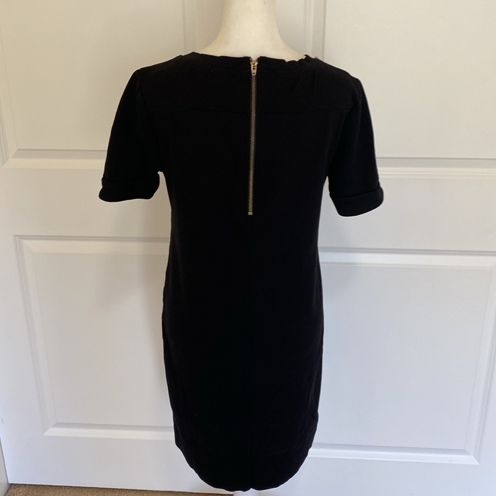 J. Crew Black Mod Shift Mini Dress. Gold zippers on Chest and Hips. Size 2. - Picture 11 of 14